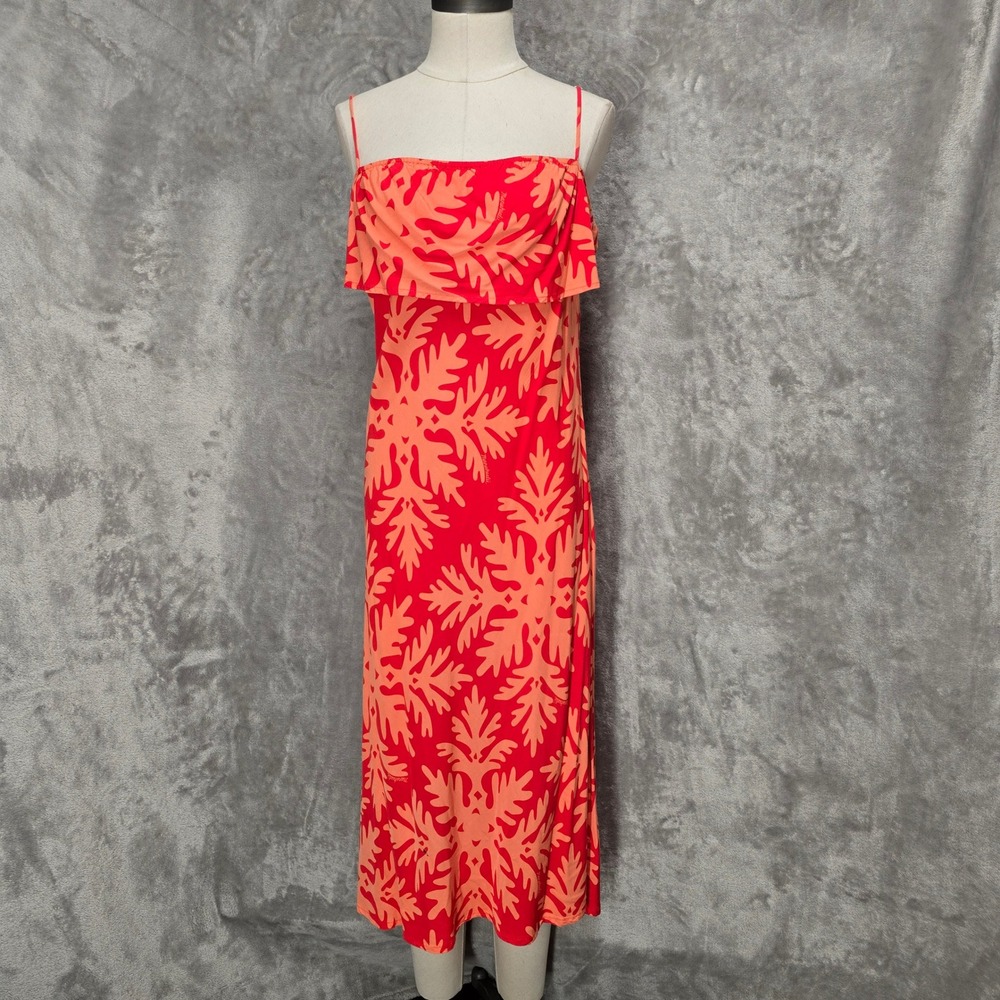 Manuhealii Midi Dress Womens M Red Orange Ruffle Adjustable Straps Rayon Flaw